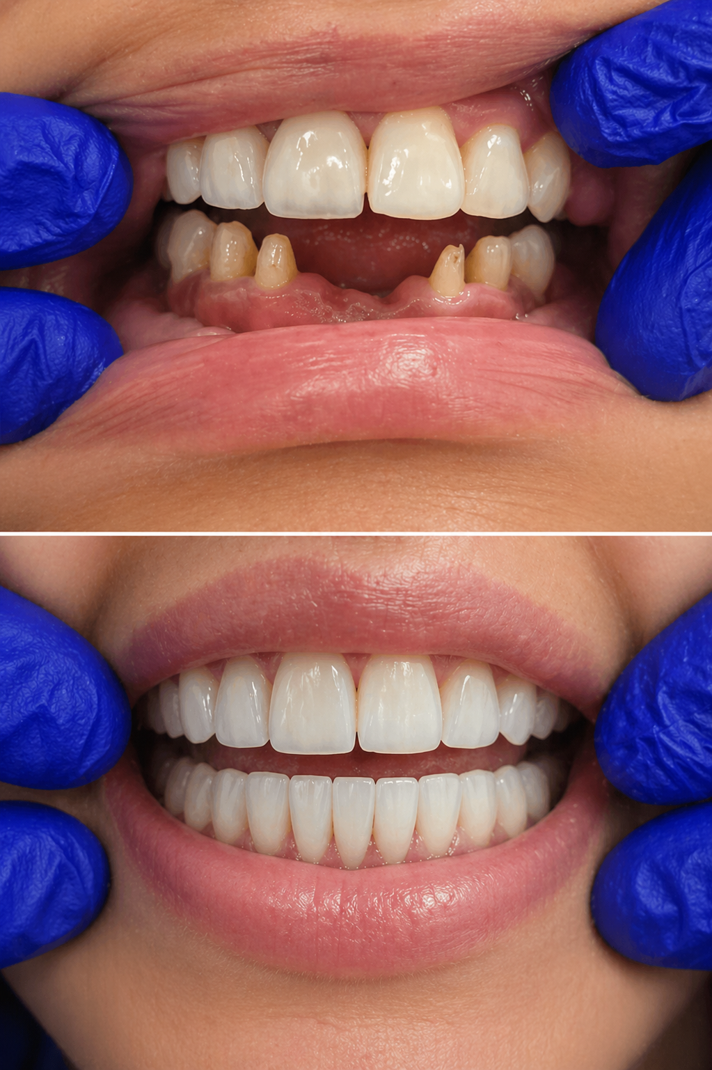 Before and after lower arch implant restoration case